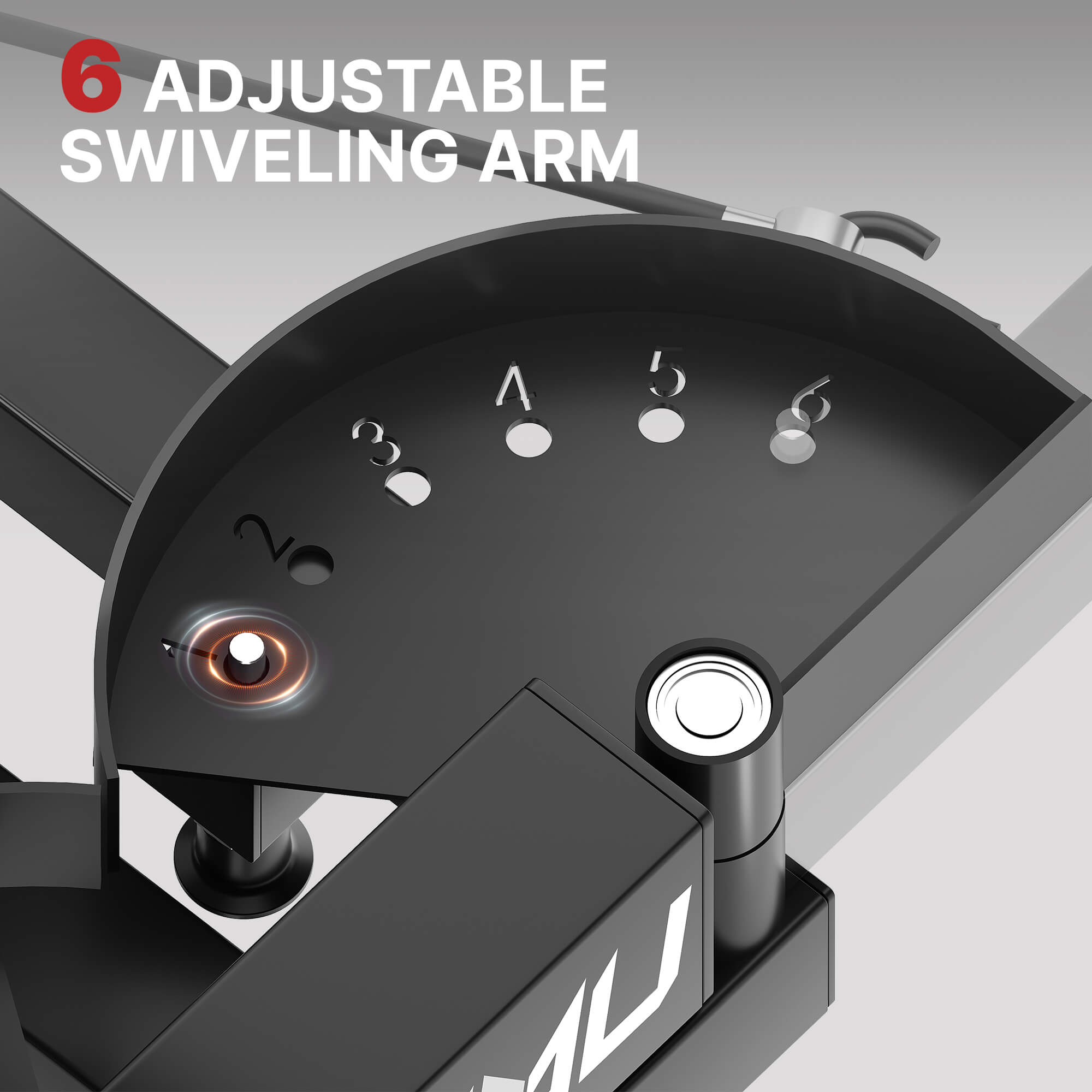 Adjustable swiveling arm with numbered positions on a gray background.