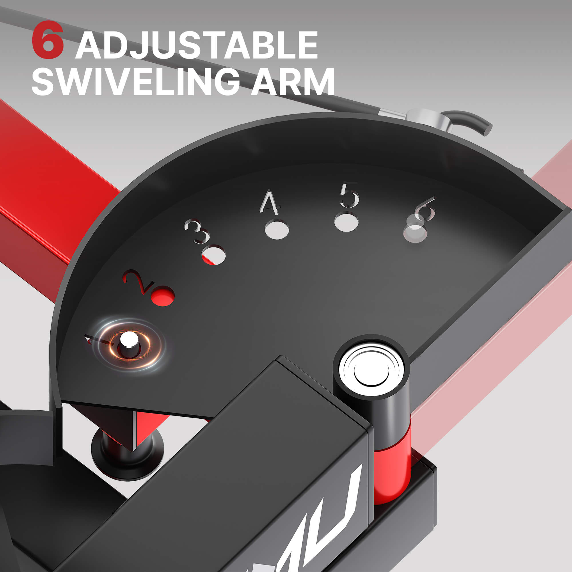 Close-up of a golf practice device with adjustable swiveling arm feature.