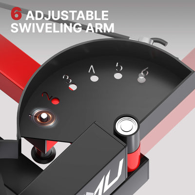 Close-up of a golf practice device with adjustable swiveling arm feature.