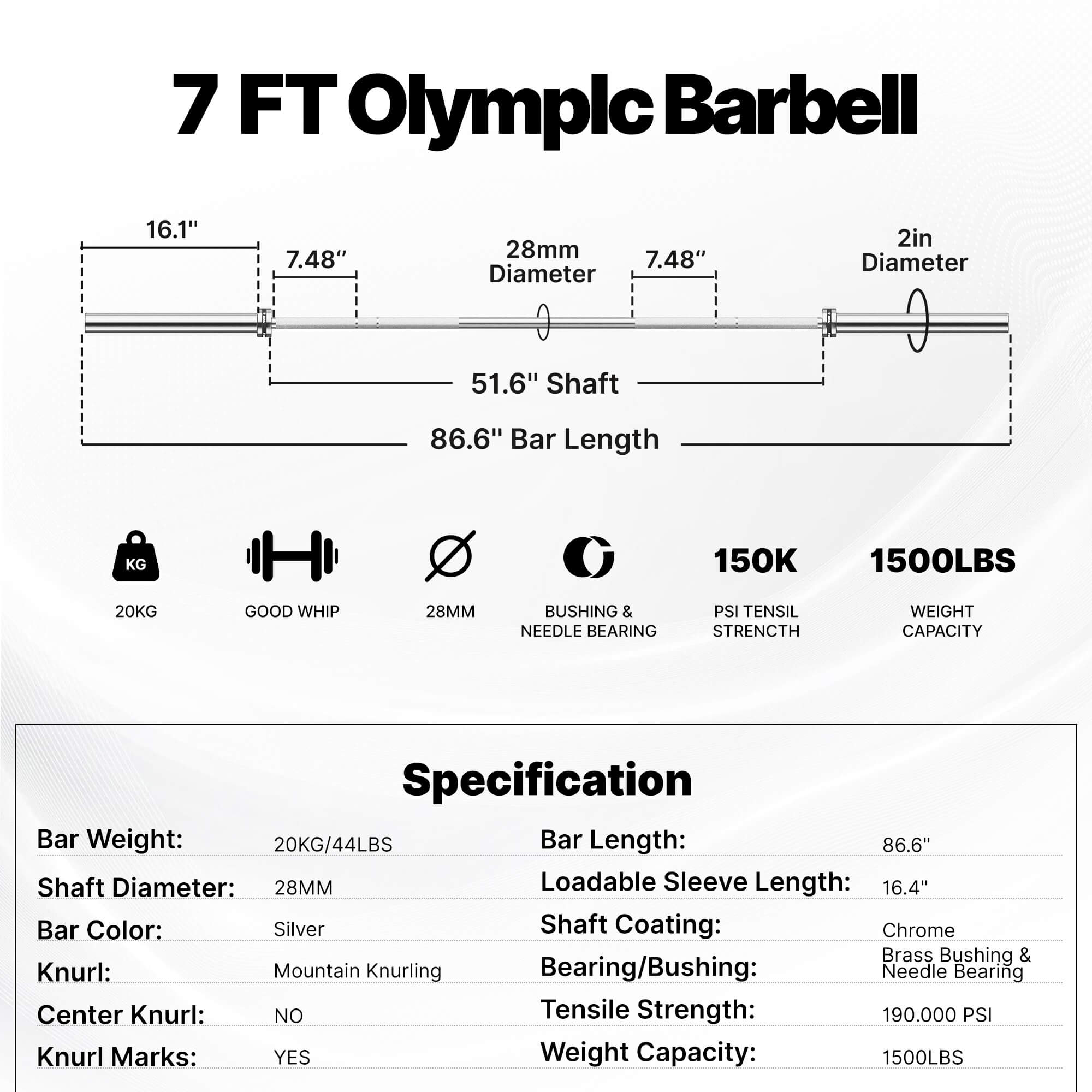 Technical specifications of a 7 FT Olympic Barbell on a white background.#color_silver