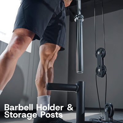 Person using a barbell holder and storage posts in a gym setting.