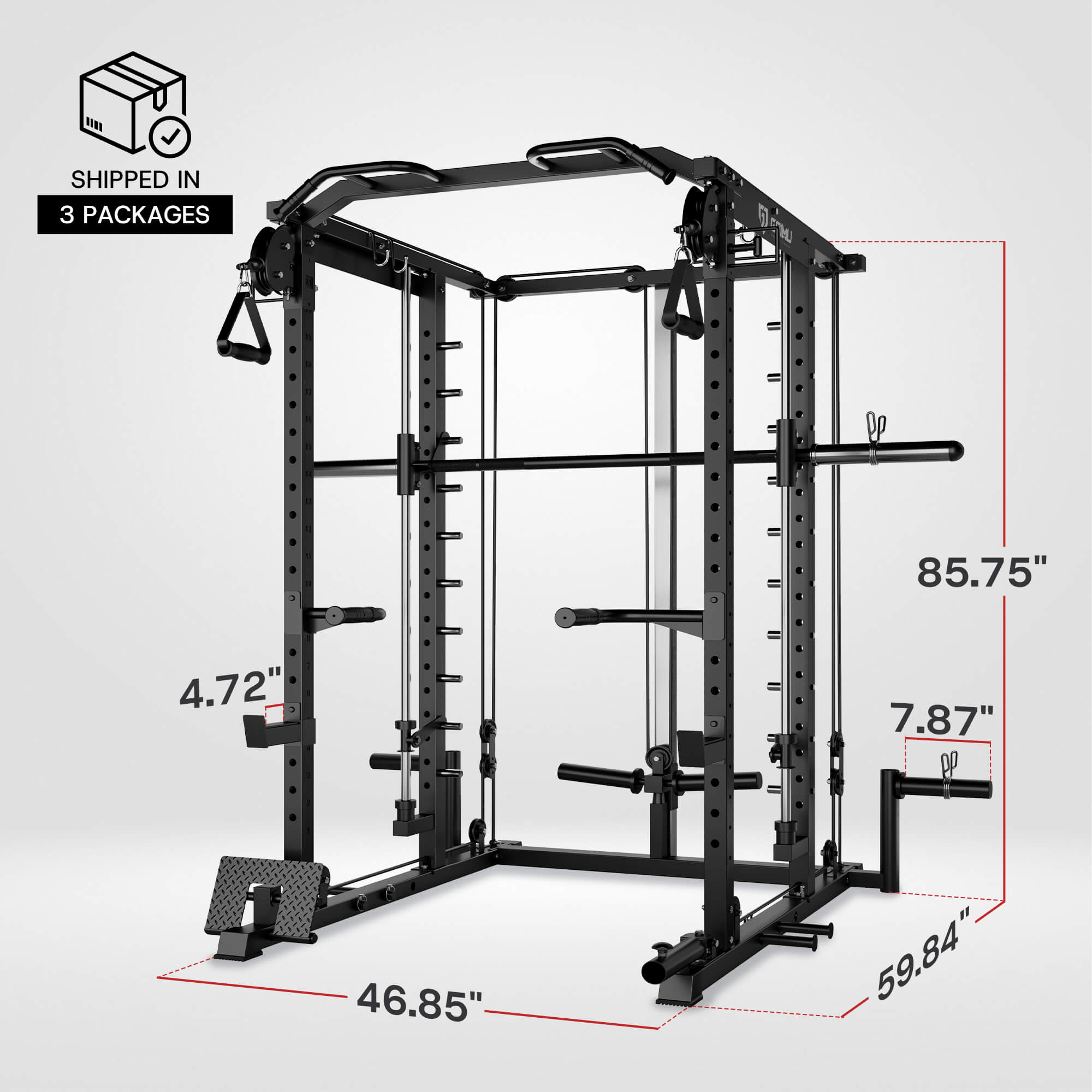Black power rack with dimensions labeled on a white background.#color_black