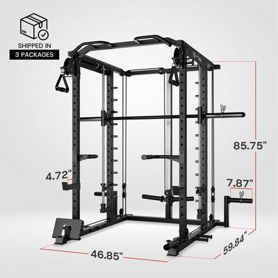 Black power rack with dimensions labeled on a white background.