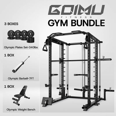 GIMU Fitness gym bundle with power rack, Olympic plates, barbell, and weight bench on a white background.