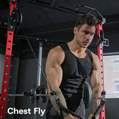 Man performing chest fly exercise with gym equipment in a gym setting.
