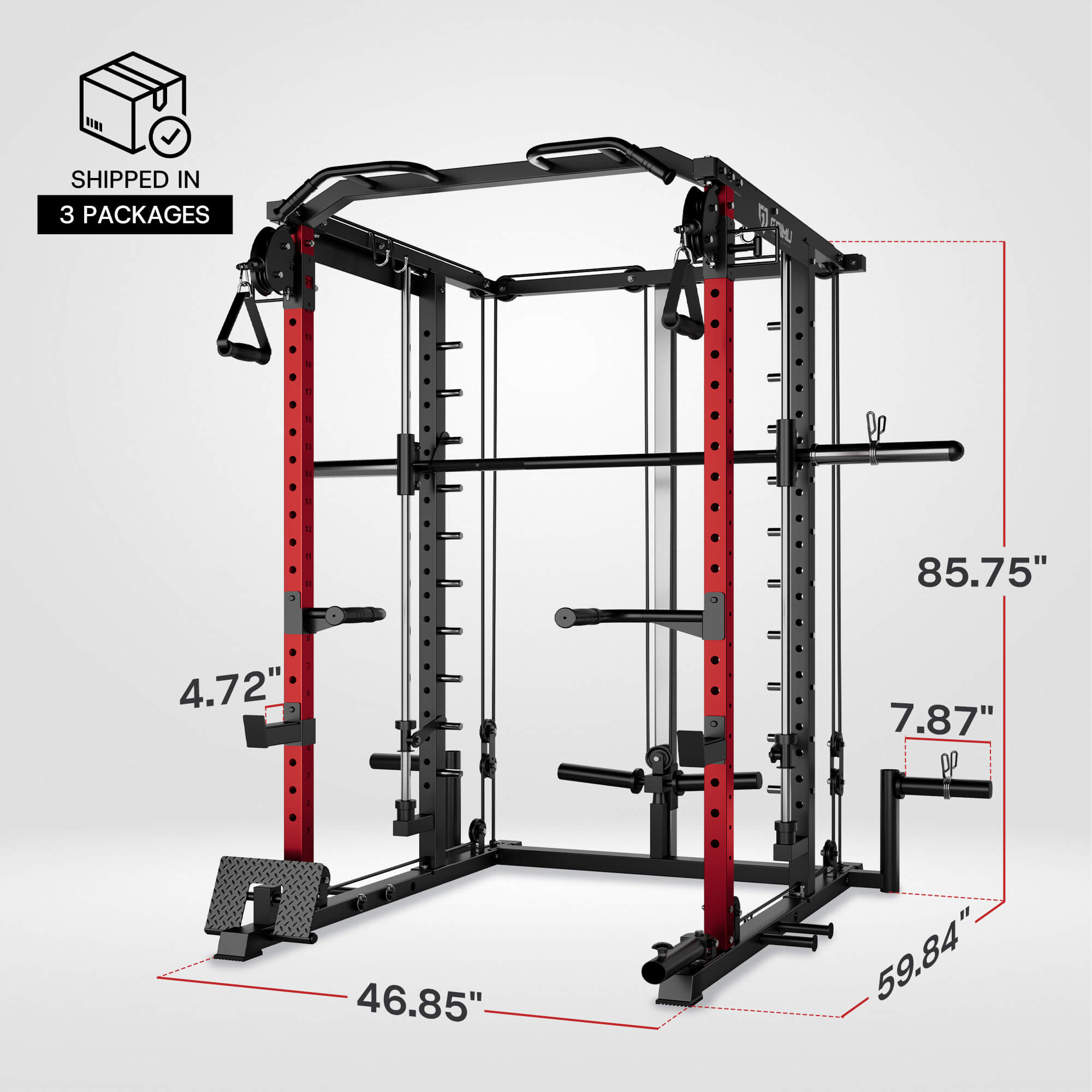 Gym power rack with dimensions labeled on a white background.