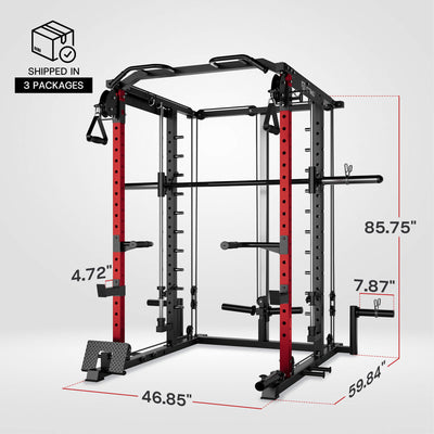 Gym power rack with dimensions labeled on a white background.