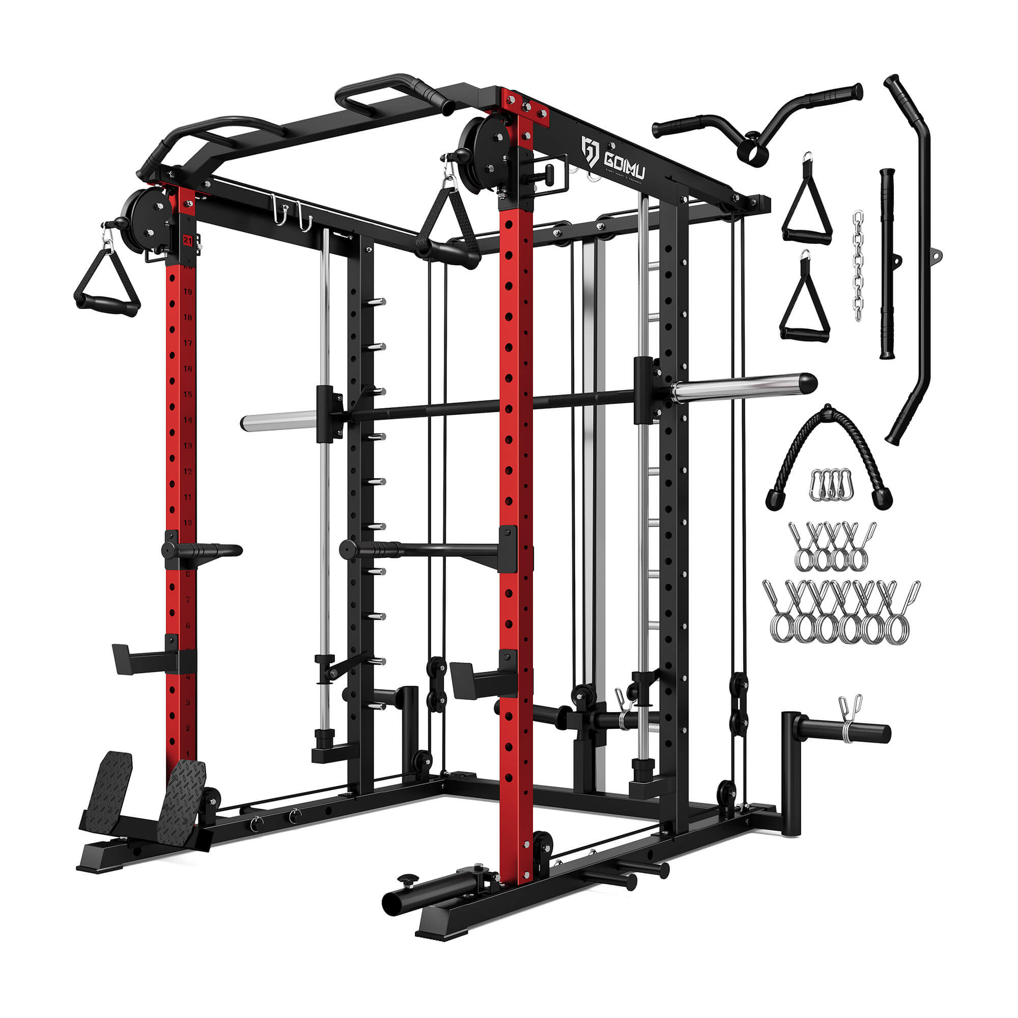 Gorilla Sports power rack with various attachments on a white background.