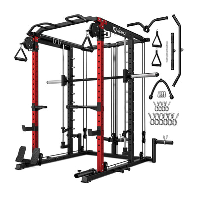 Gorilla Sports power rack with various attachments on a white background.
