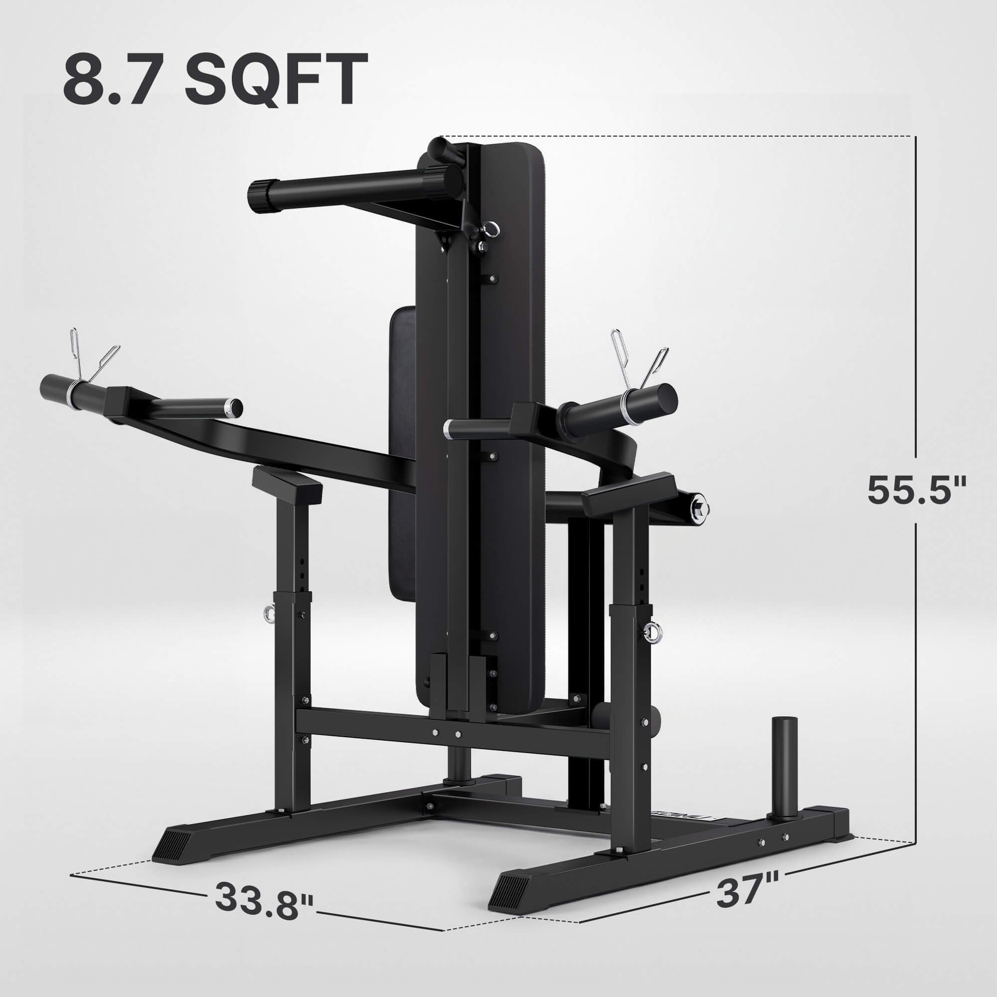 Black gym machine with dimensions labeled on a white background.#color_black