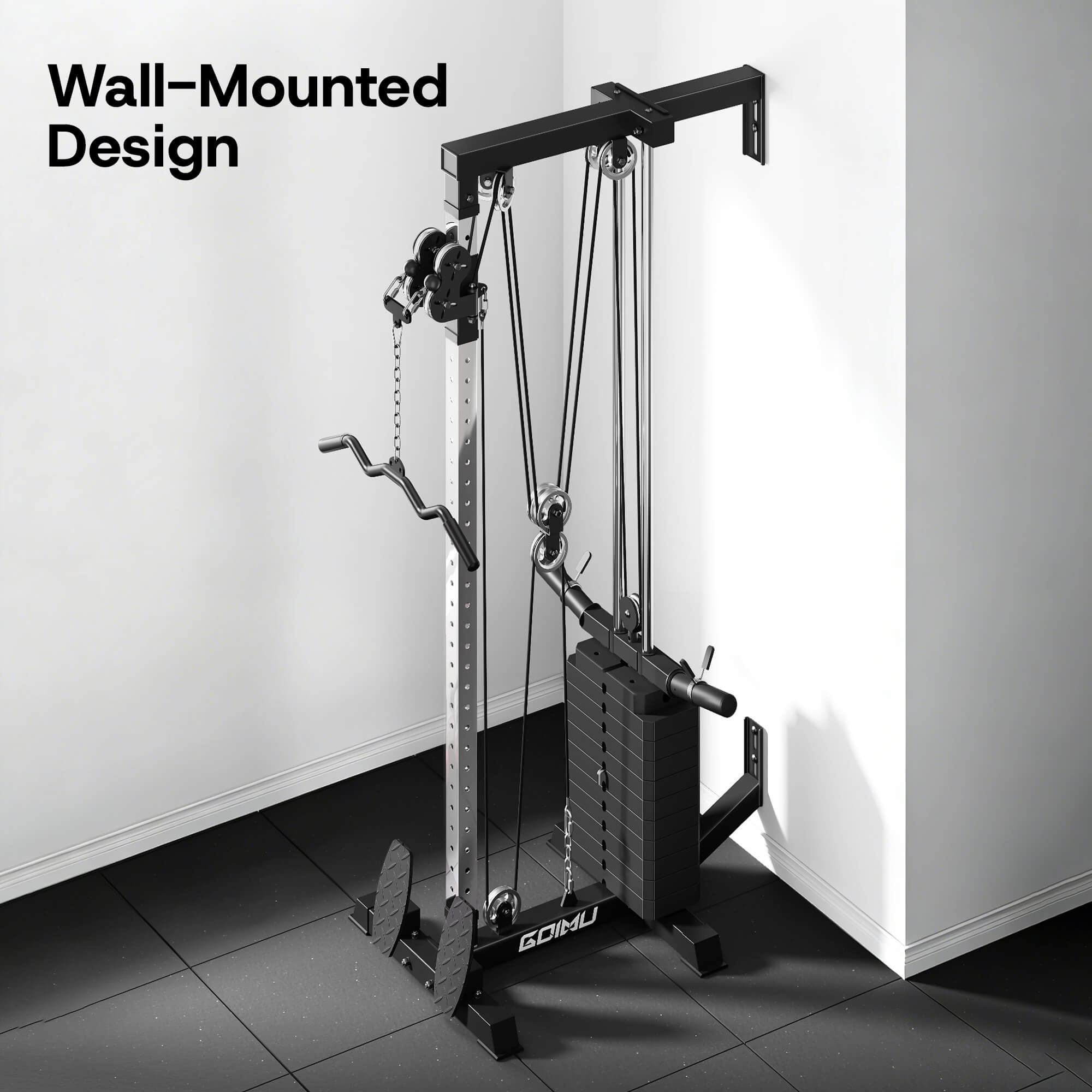 Wall-mounted gym machine with 'Wall-Mounted Design' text on a white wall background.
