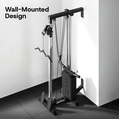 Wall-mounted gym machine with 'Wall-Mounted Design' text on a white wall background.