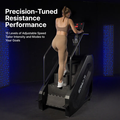 Person using a step machine with text about precision-tuned resistance performance.