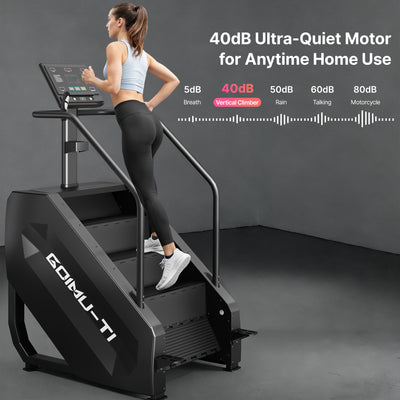 Woman using a stair stepper with a gray background and text about motor noise levels.