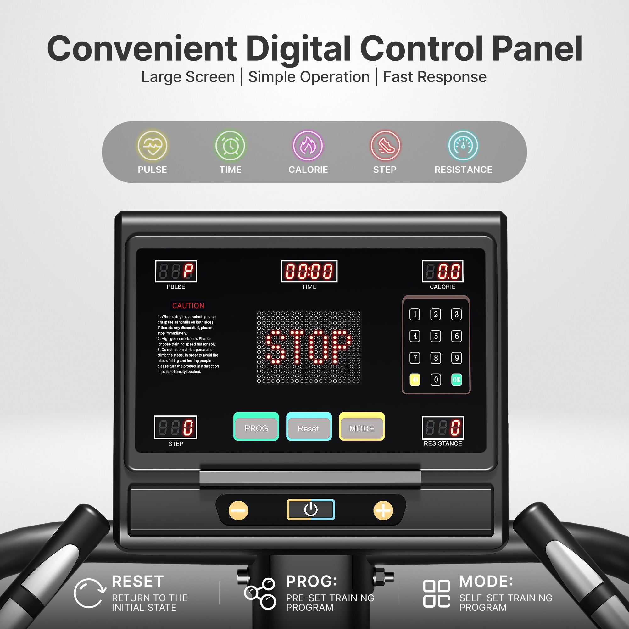 Digital control panel with various functions on a gray background