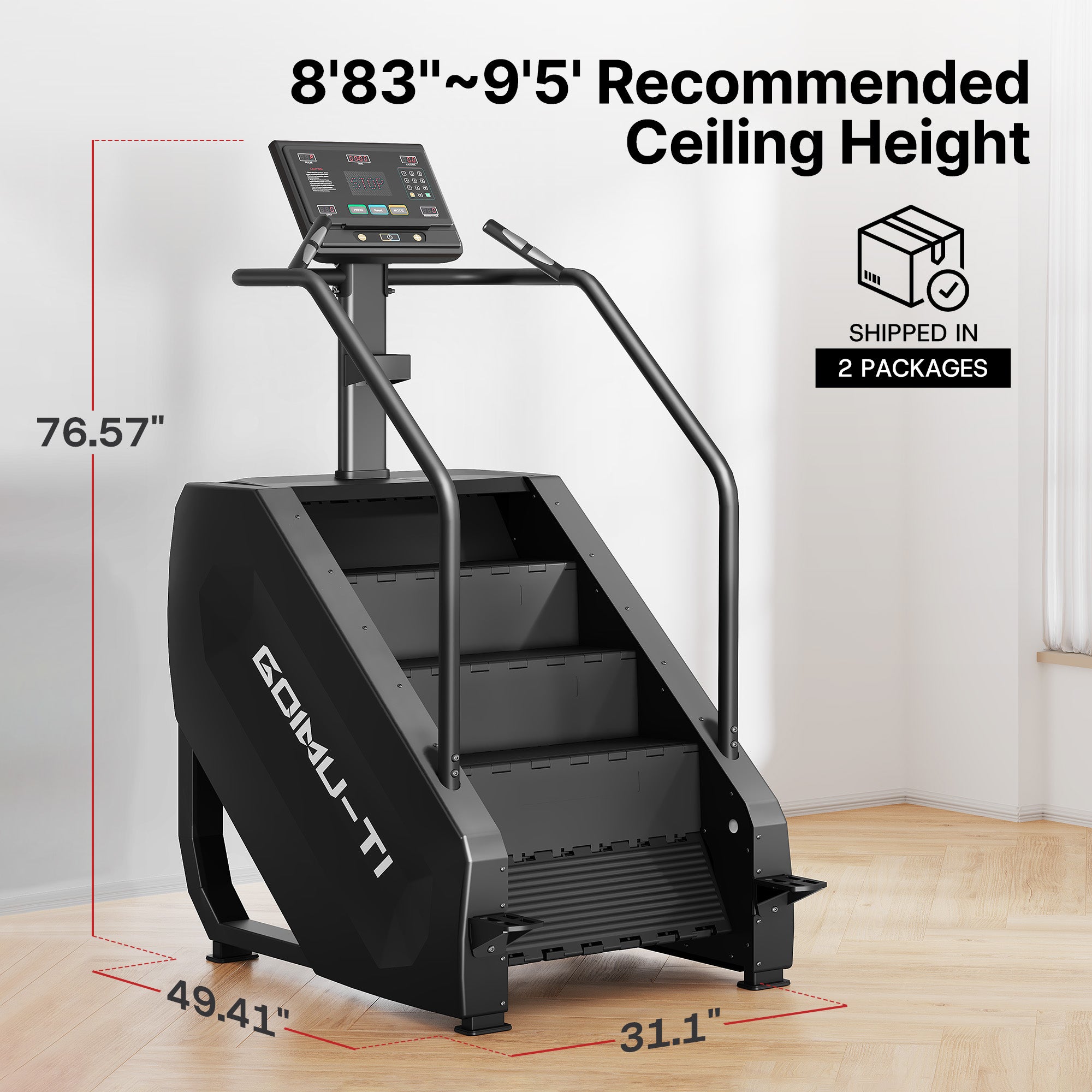 Black stair climber machine with dimensions and packaging information on a white background