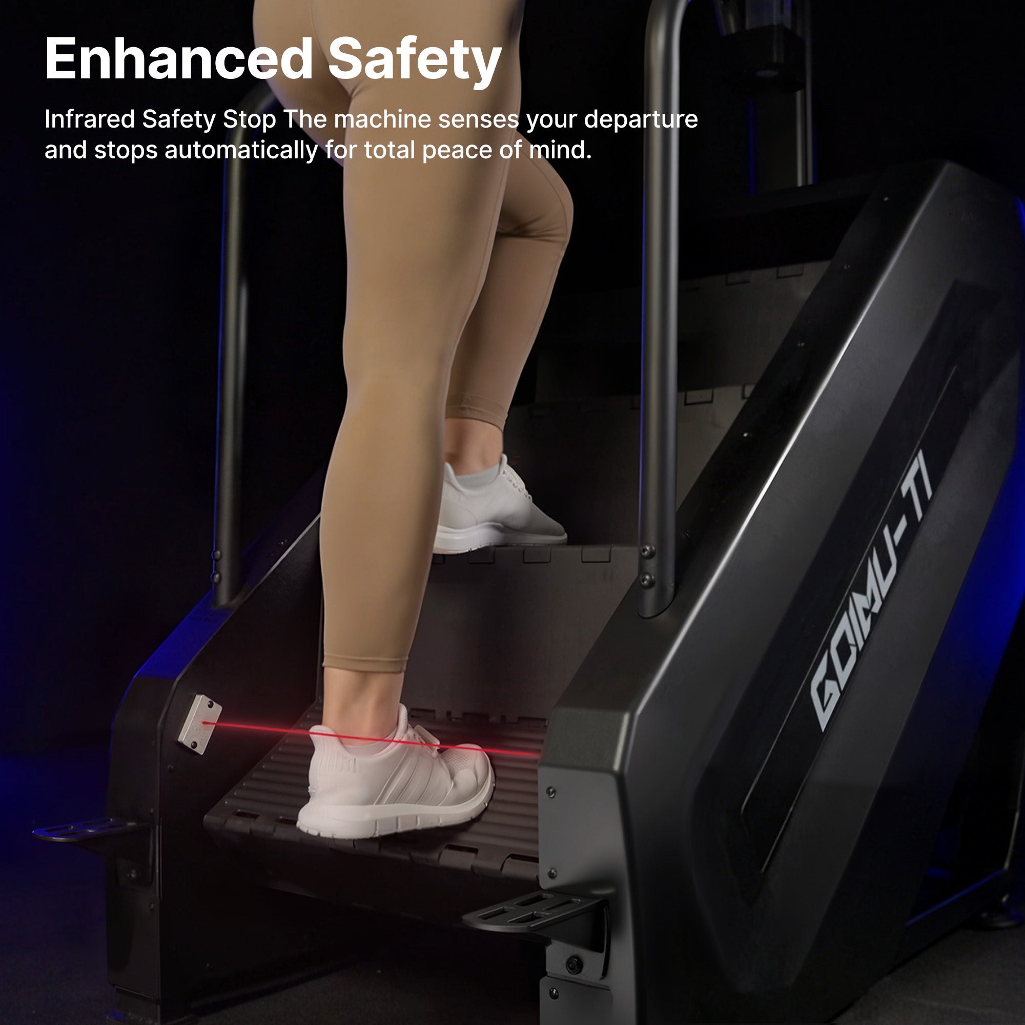 Person using a treadmill with enhanced safety features, including an infrared safety stop.