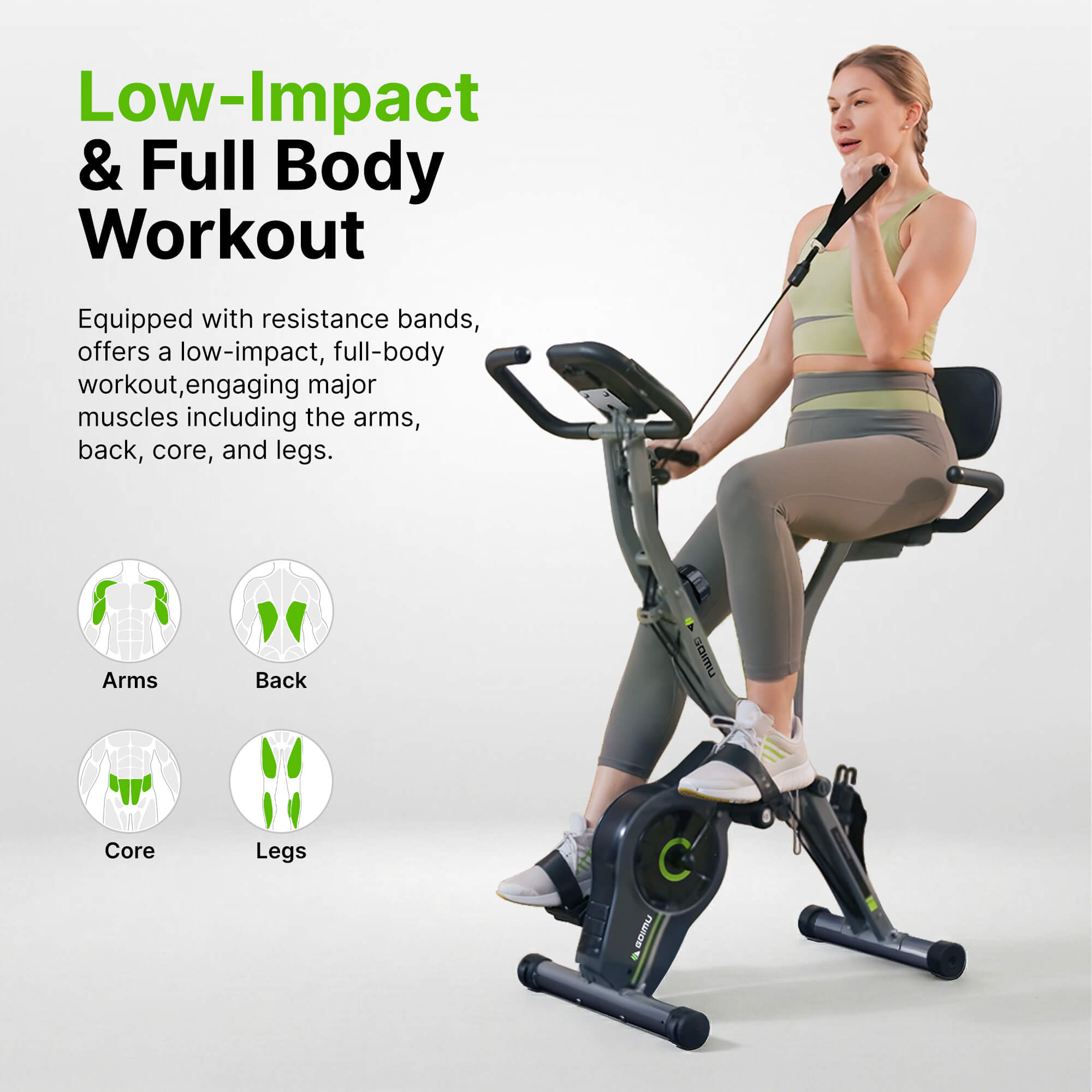 Woman exercising on a bike with resistance bands, highlighting a low-impact full-body workout.
