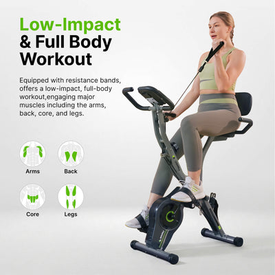 Woman exercising on a bike with resistance bands, highlighting a low-impact full-body workout.