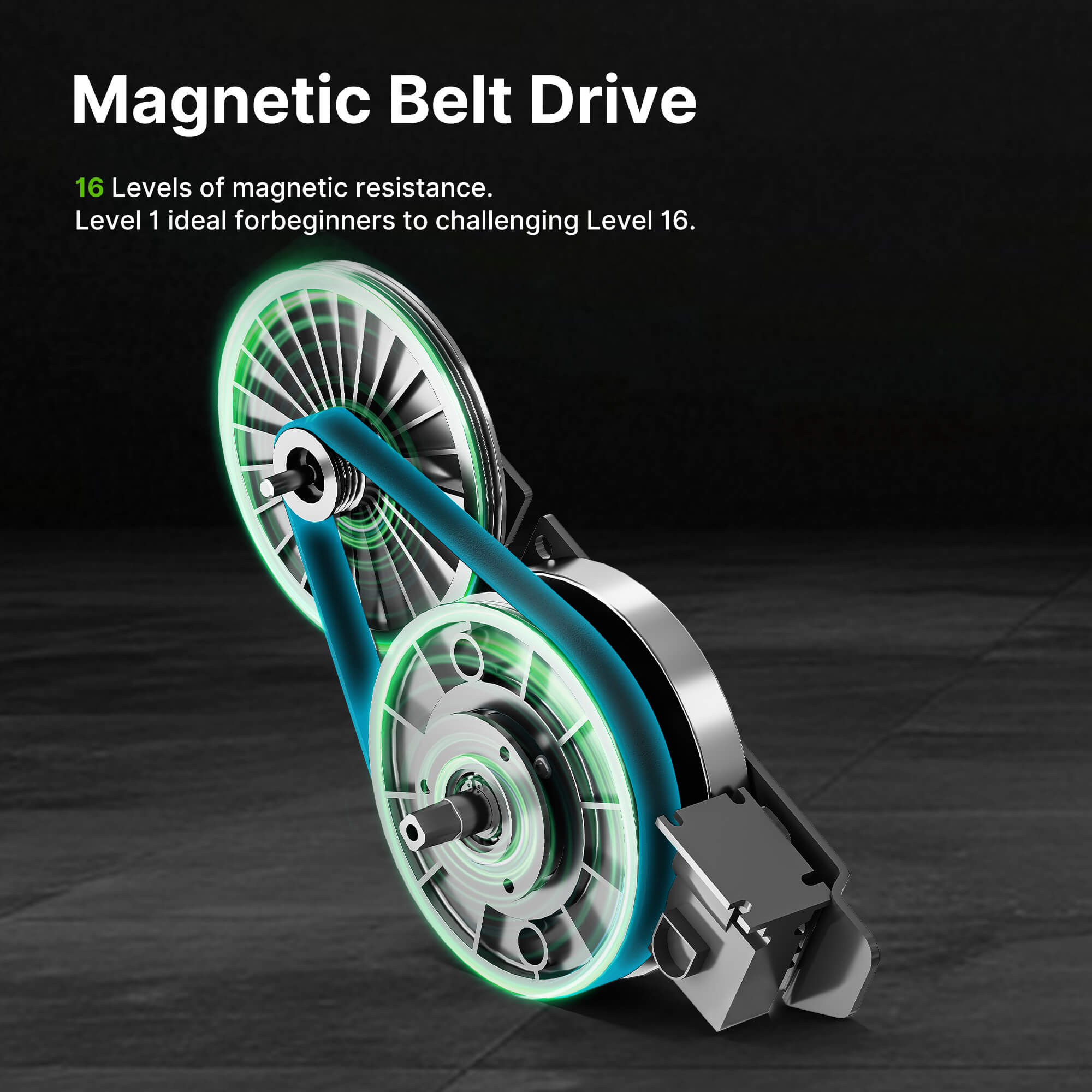 Magnetic belt drive system with glowing green belts on a dark background