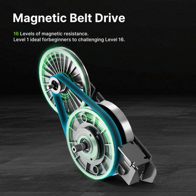 Magnetic belt drive system with glowing green belts on a dark background