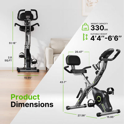 Exercise bike with dimensions and capacity details on a white background