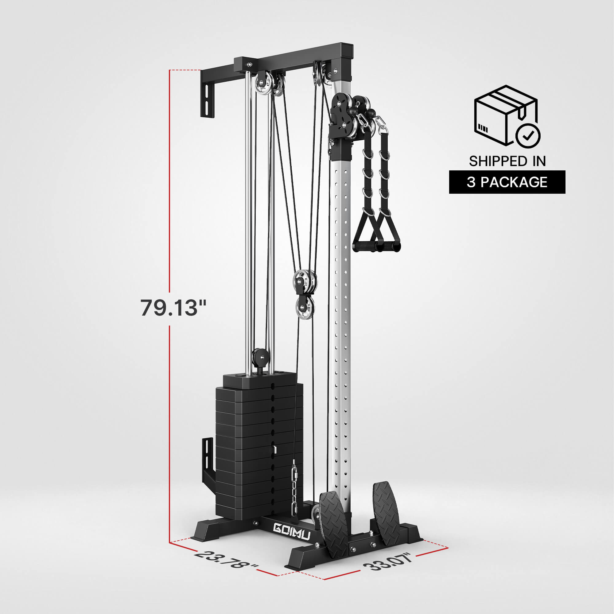 Gym machine with dimensions and packaging information on a white background.#version_basic