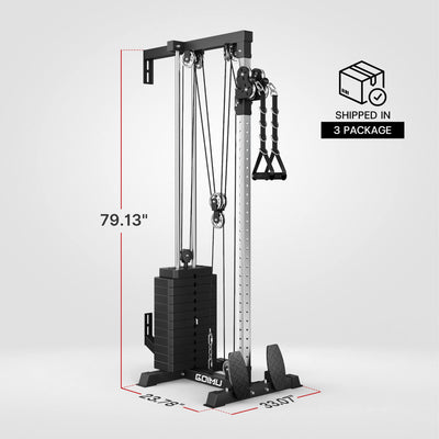 Gym machine with dimensions and packaging information on a white background.