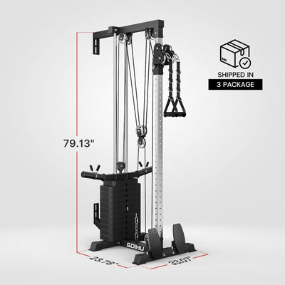 Gym machine with dimensions and packaging information on a white background.