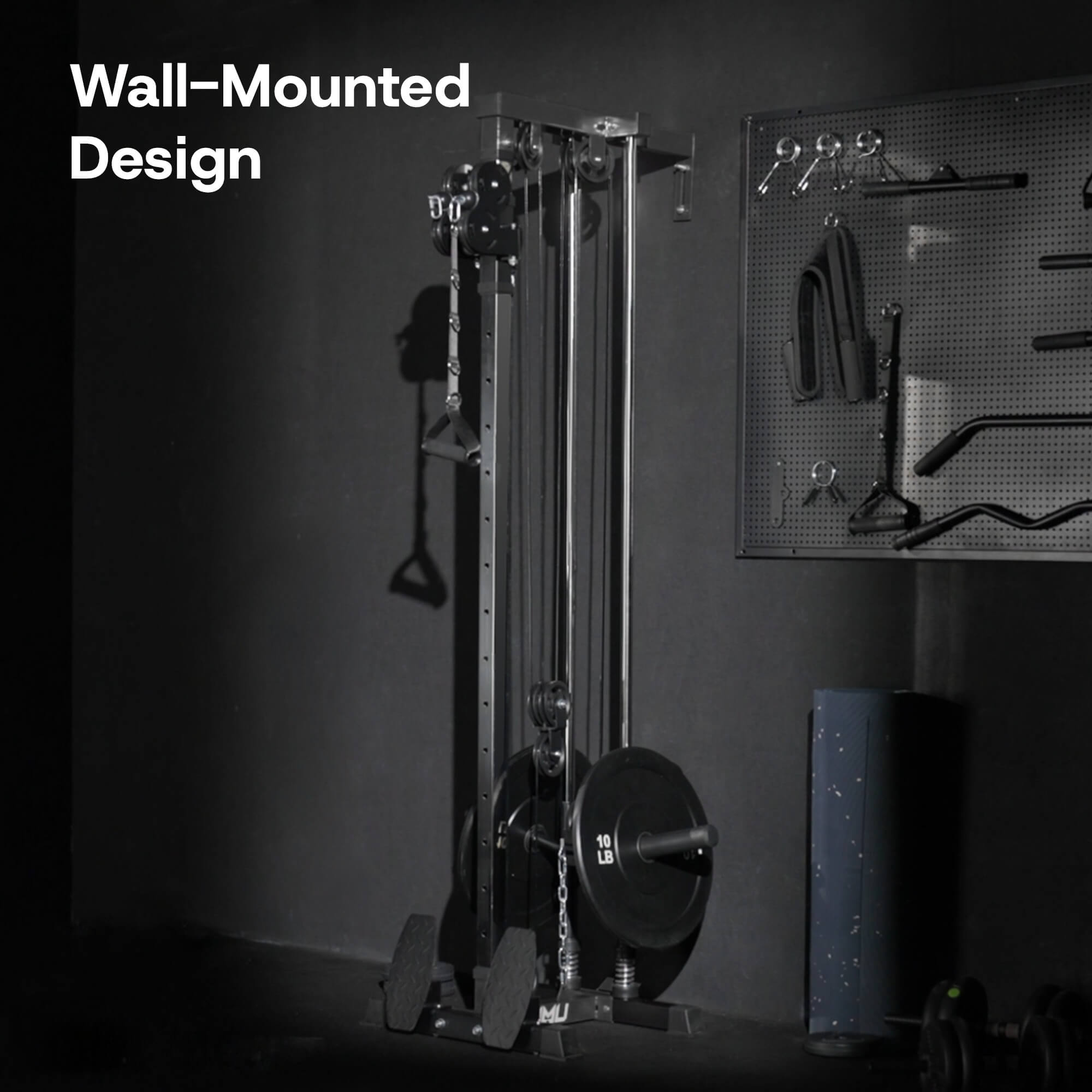 Wall-mounted exercise machine with tools on a pegboard in a gym setting.#color_black
