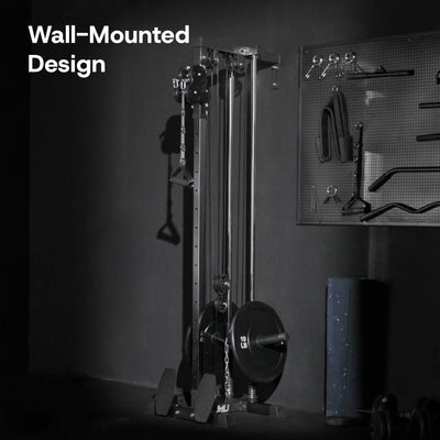 Wall-mounted exercise machine with tools on a pegboard in a gym setting.