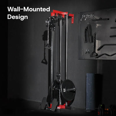 Wall-mounted gym equipment with tools on a pegboard against a dark wall.