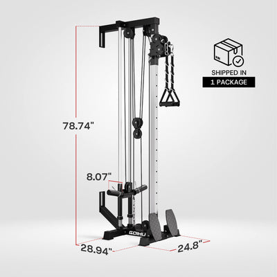 Gym machine with dimensions labeled on a white background.
