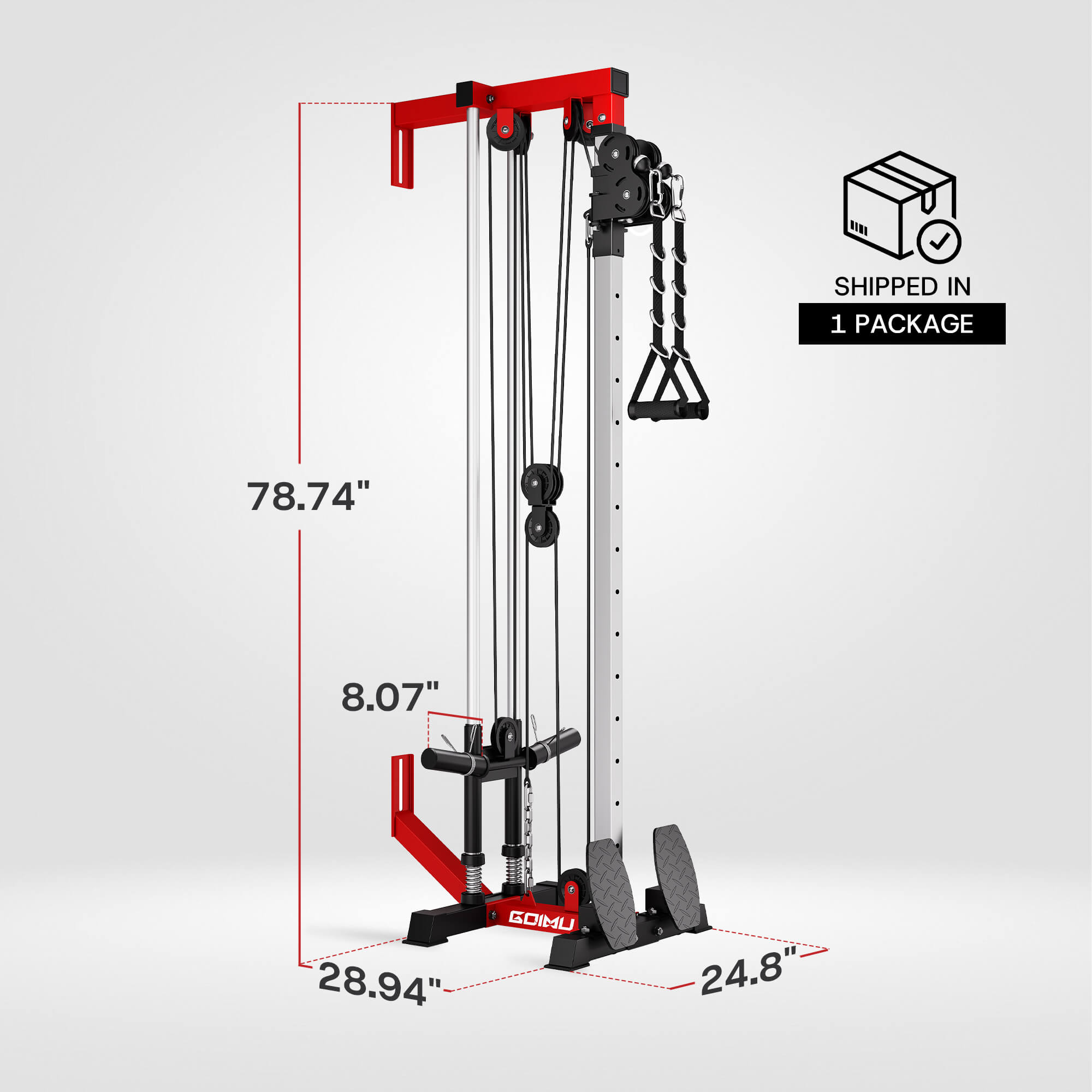 Gym machine with dimensions labeled on a white background.