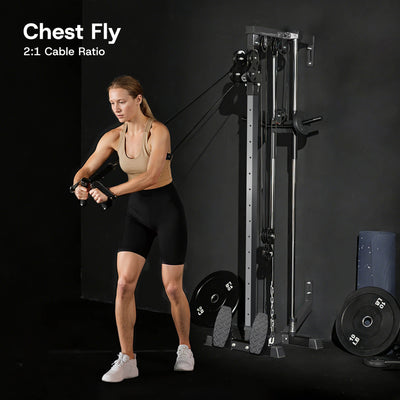 Woman performing chest fly exercise using a cable machine with 'Chest Fly' text on a dark background.