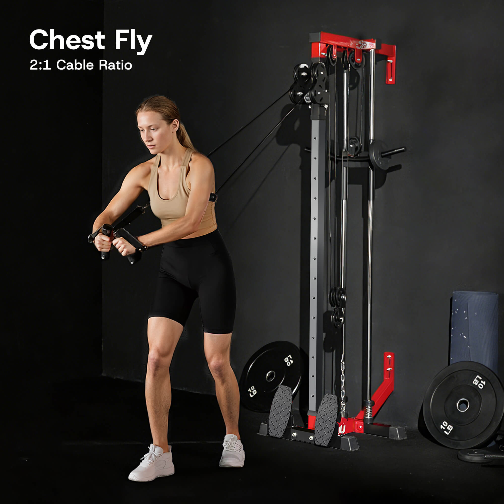 Woman exercising on a cable machine with 'Chest Fly' text and '2:1 Cable Ratio' displayed.