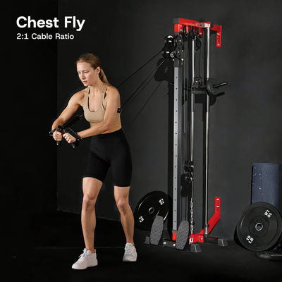 Woman exercising on a cable machine with 'Chest Fly' text and '2:1 Cable Ratio' displayed.