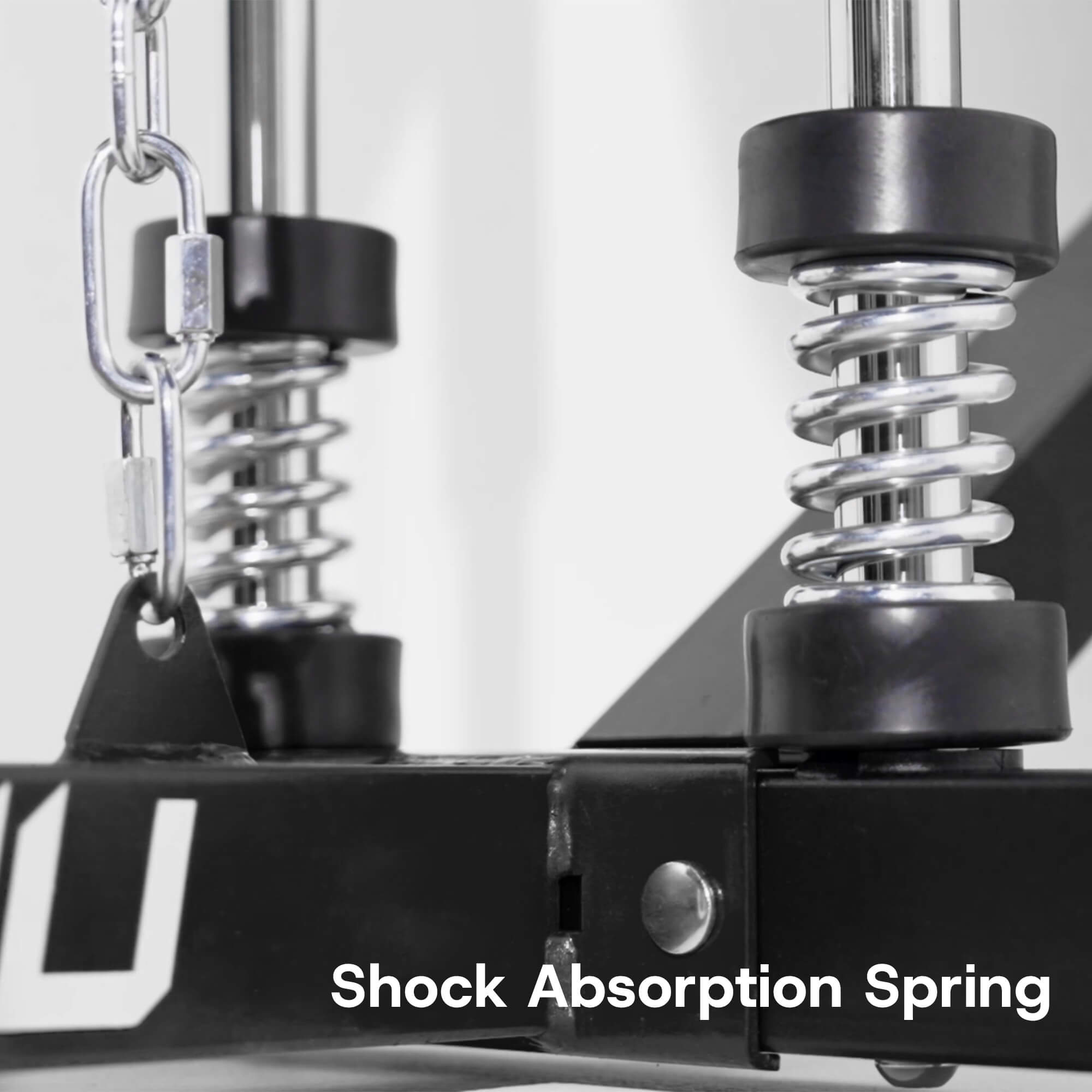 Close-up of shock absorption springs on a mechanical device with 'Shock Absorption Spring' text.