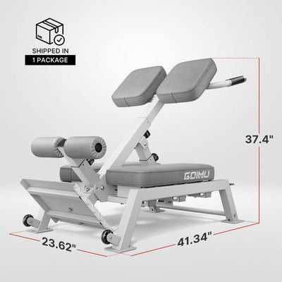 Gray weight bench with dimensions and 'GOIMU' branding on a white background.