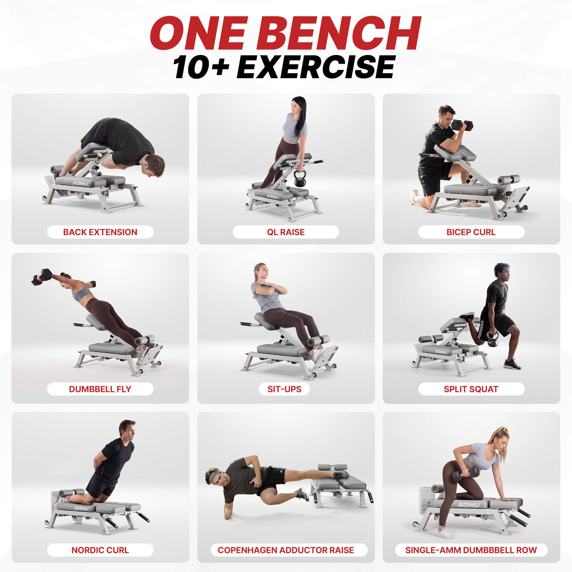 Various exercise demonstrations on a bench with labels for each exercise.