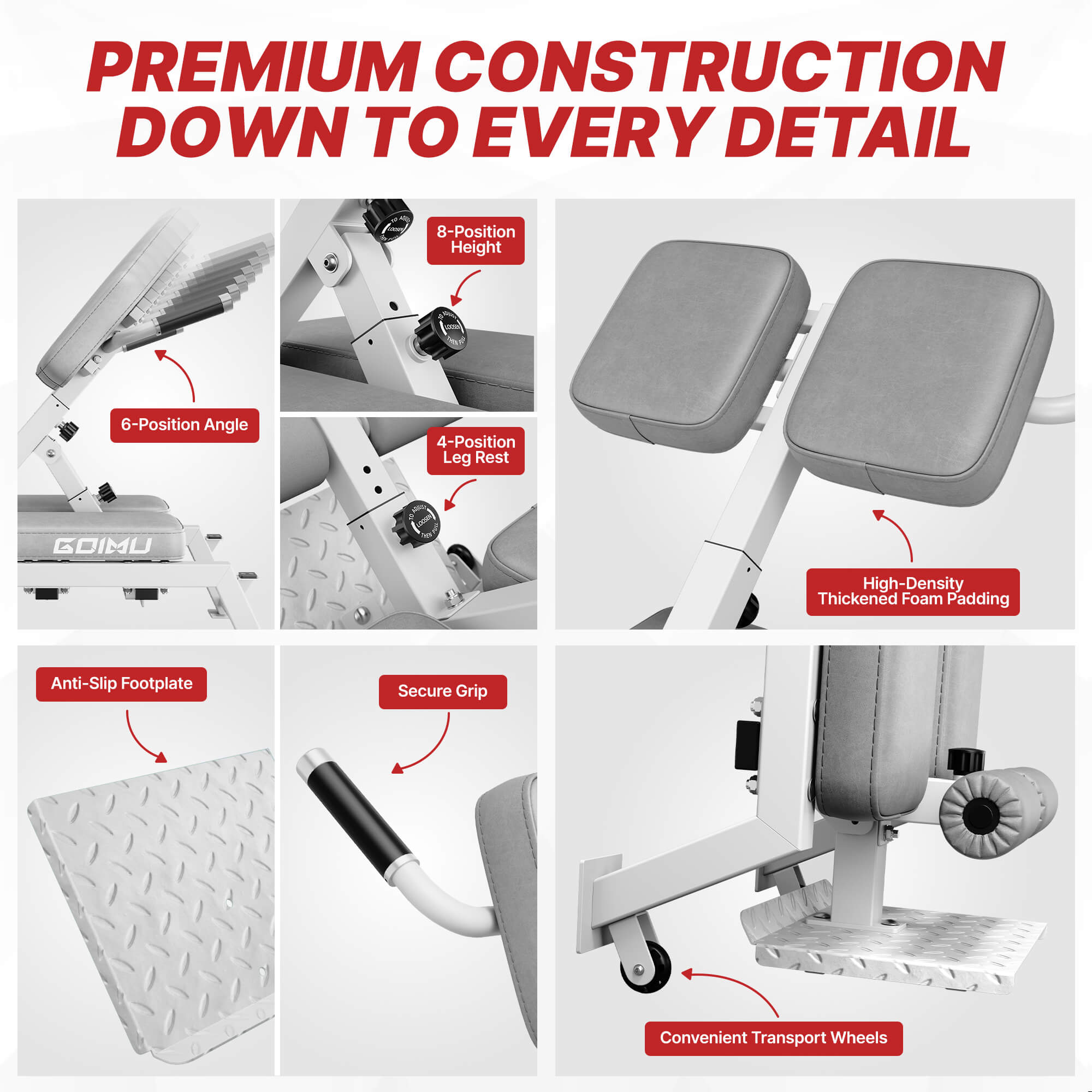 Gym machine with labeled features on a white background.