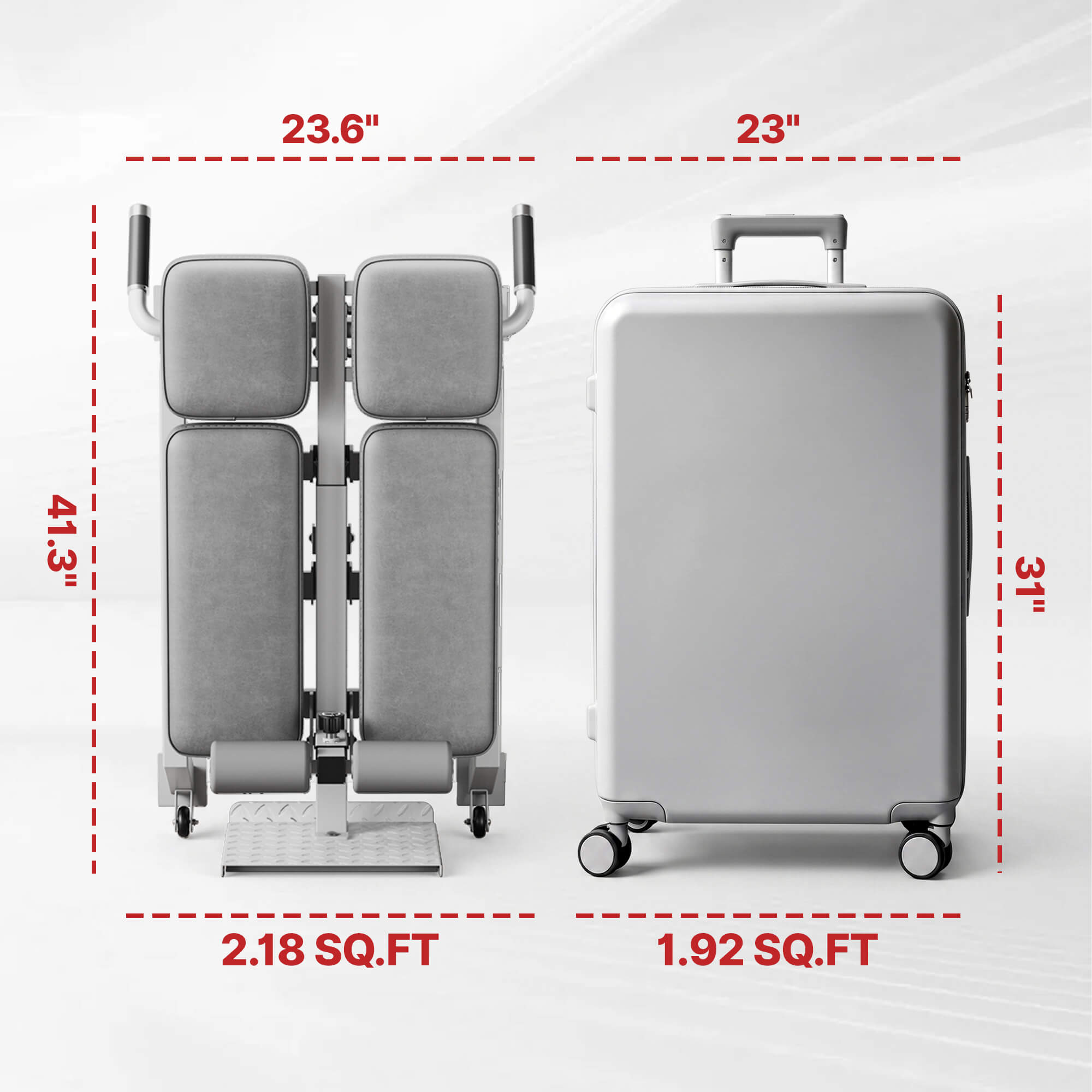 Silver suitcase and gray bench with dimensions and surface area measurements on a white background.