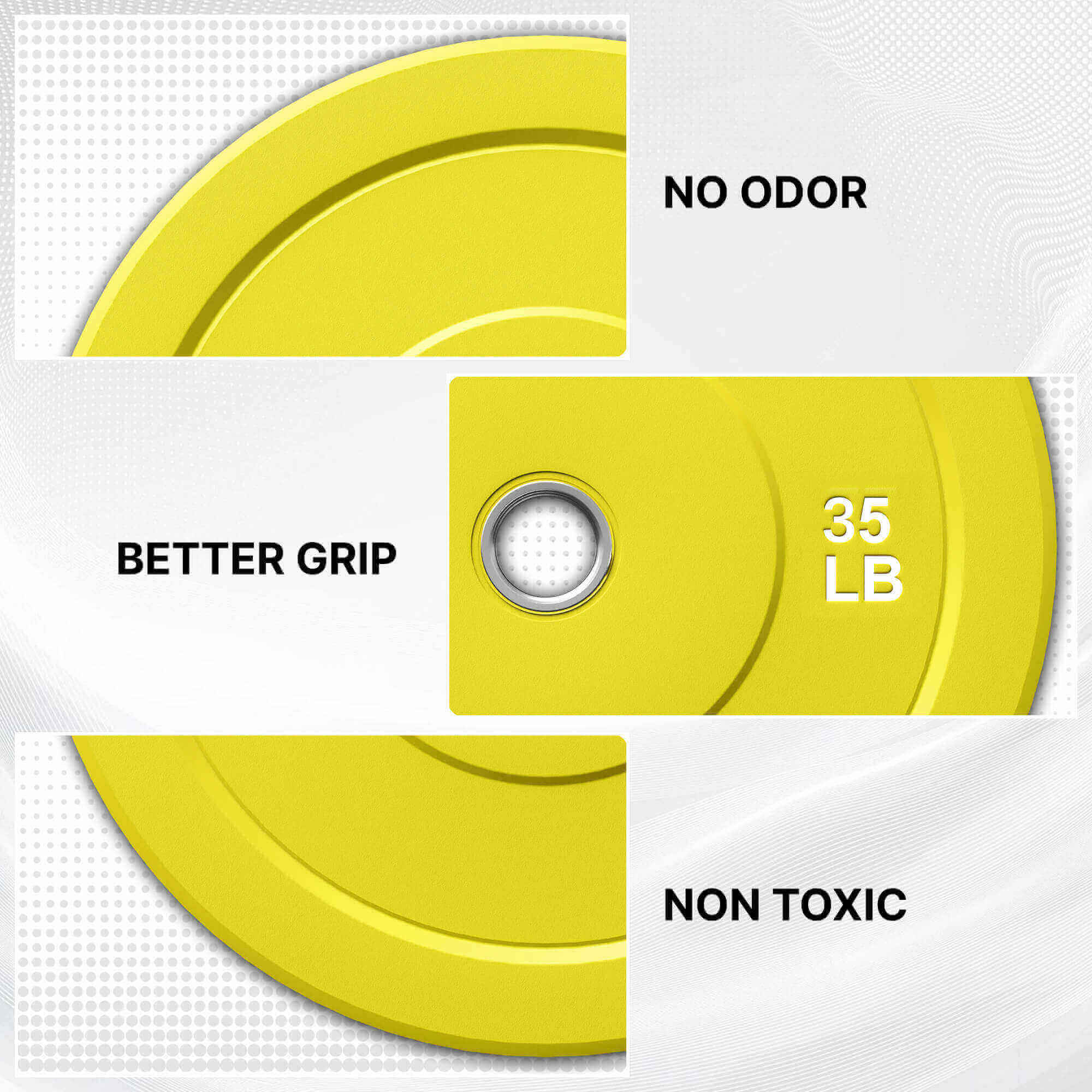 Yellow weight plate with text highlighting features on a white background