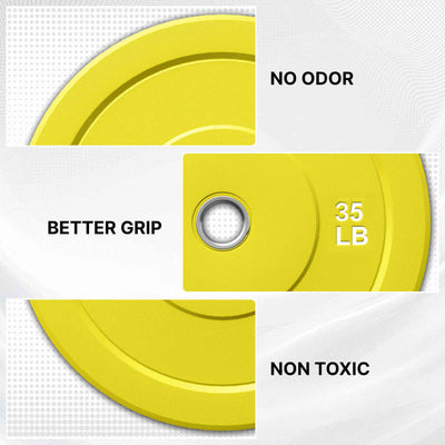 Yellow weight plate with text highlighting features on a white background