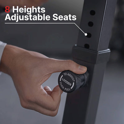 Hand adjusting a height adjustable seat on a piece of exercise equipment with text '8 Heights Adjustable Seats'.#color_red