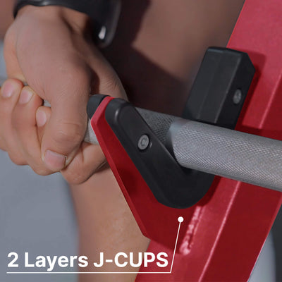 Close-up of a person using a red exercise machine with '2 Layers J-CUPS' text.#color_red